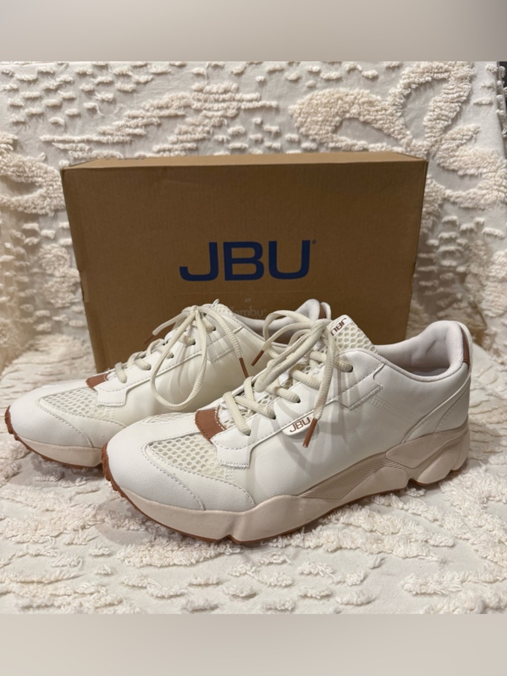 JBU Off-White Sneakers with Tan Accents